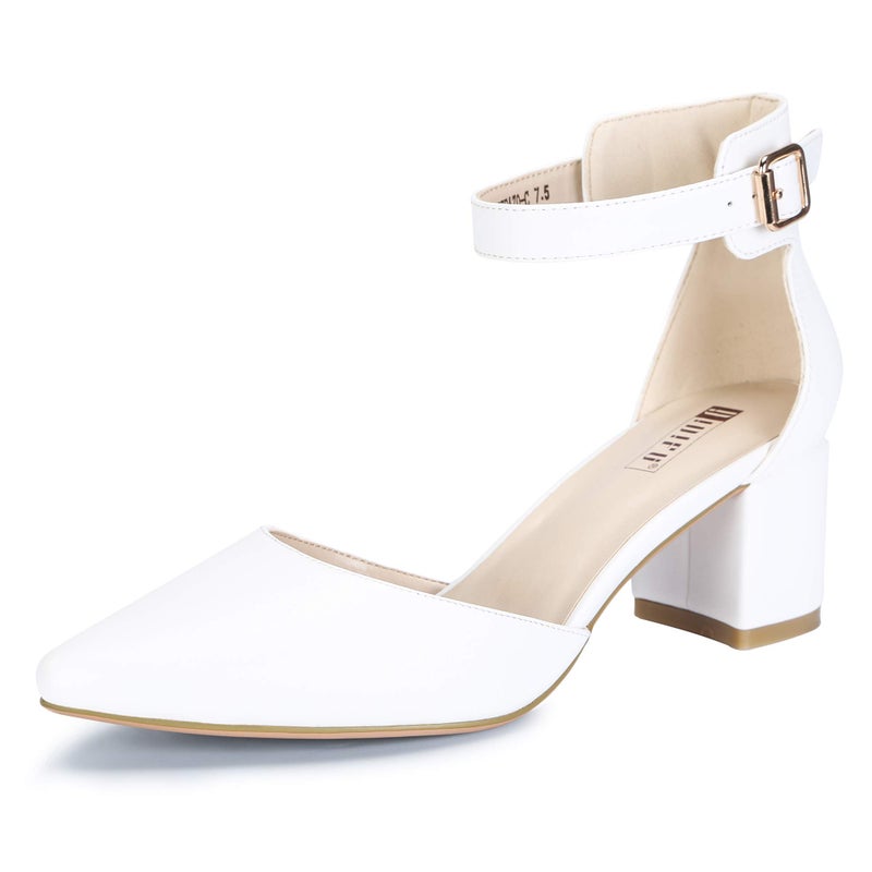 IDIFU Women's IN2 Pedazo Dress Shoes Low Block Heels Comfortable Chunky Closed Toe Ankle Strap Wedding Pumps(White Pu, 8 B(M) US) - Image 1